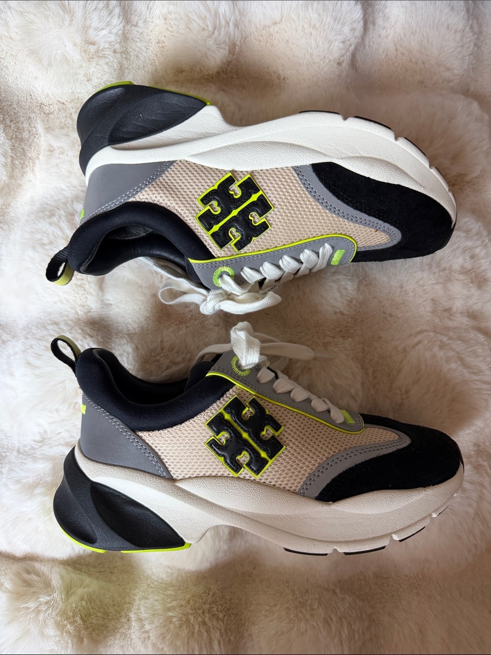 Tory Burch Black, White & Neon Yellow-Trim Chunky Mesh Sneakers